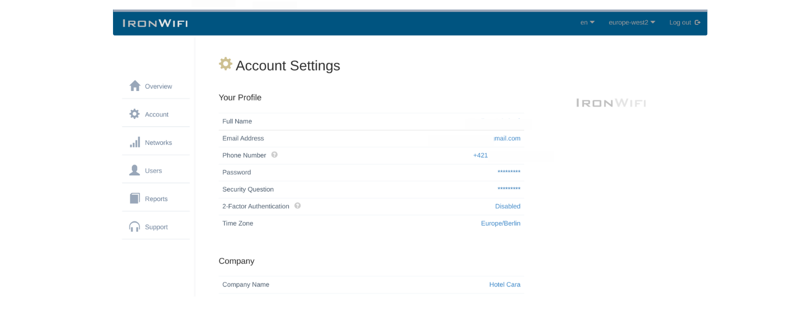 IronWifi Console marketing settings