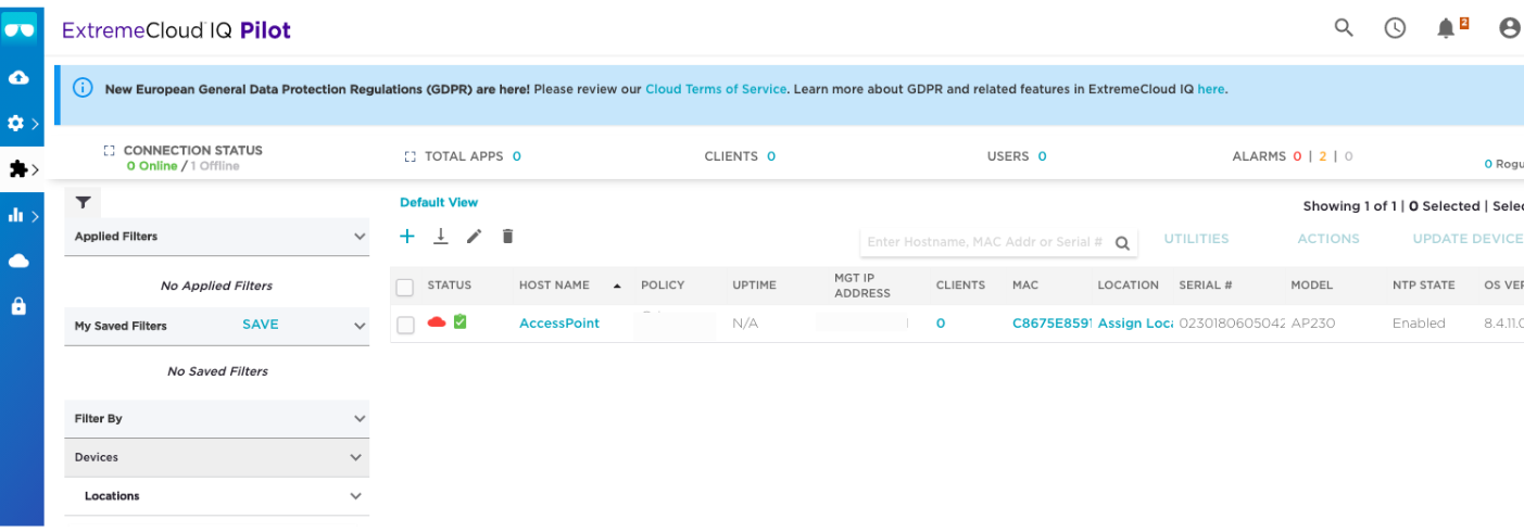 ExtremeCloud IQ dashboard showing managed access points