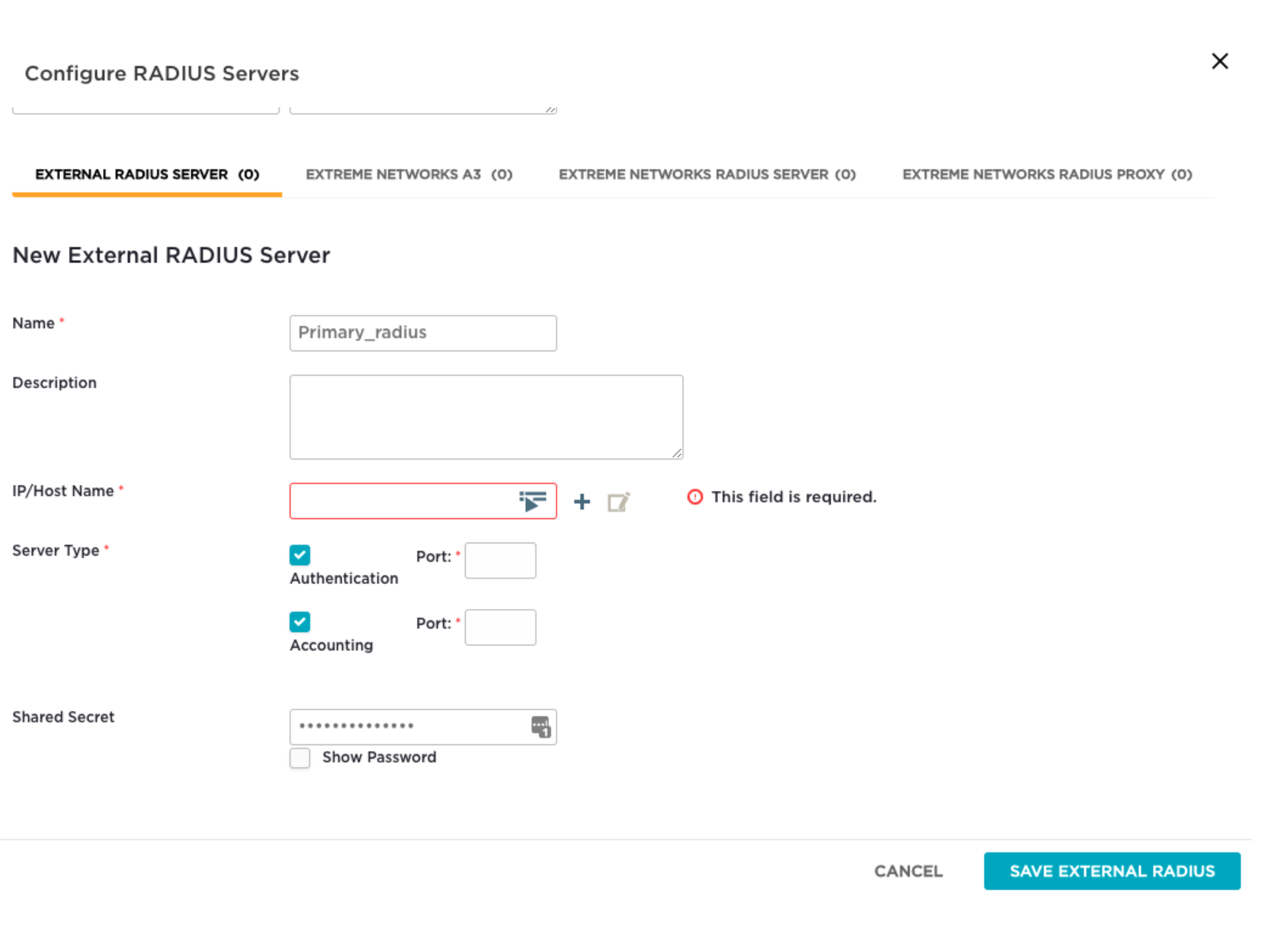 RADIUS server with IP address configured