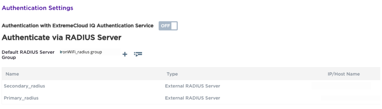 RADIUS server group and server displayed in authentication settings