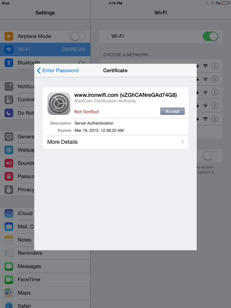 Certificate trust dialog showing server certificate details