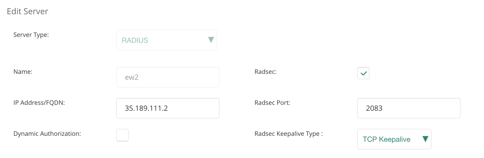 RadSec authentication server configuration