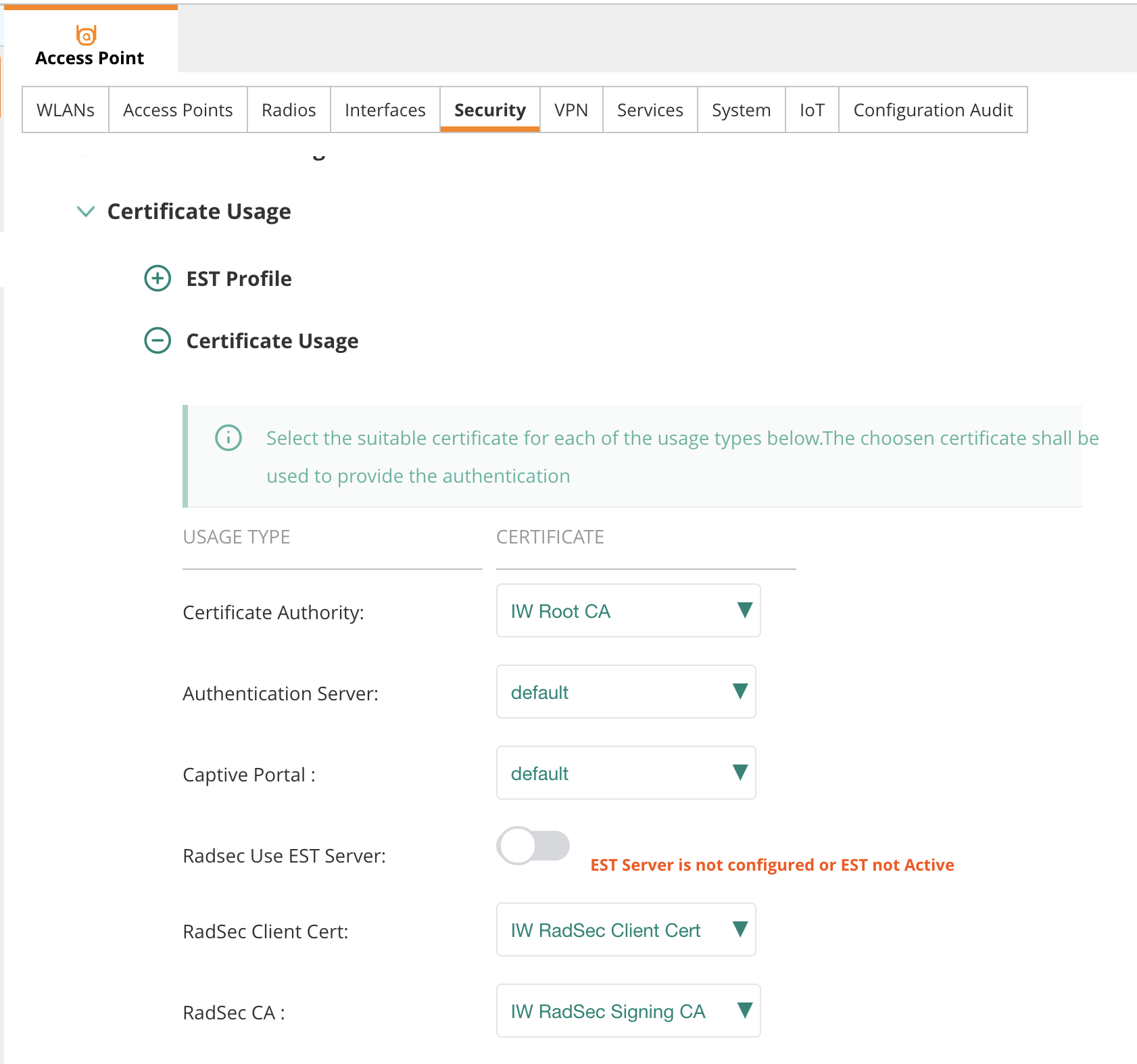 Certificate usage configuration for RadSec server
