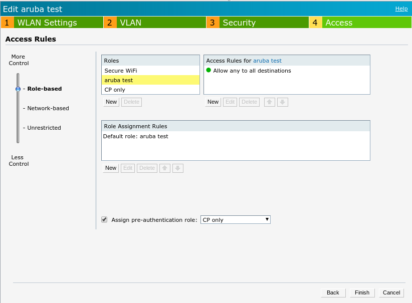 Aruba IAP Access Rules tab showing roles with Allow any to all destinations rule and CP only pre-authentication role