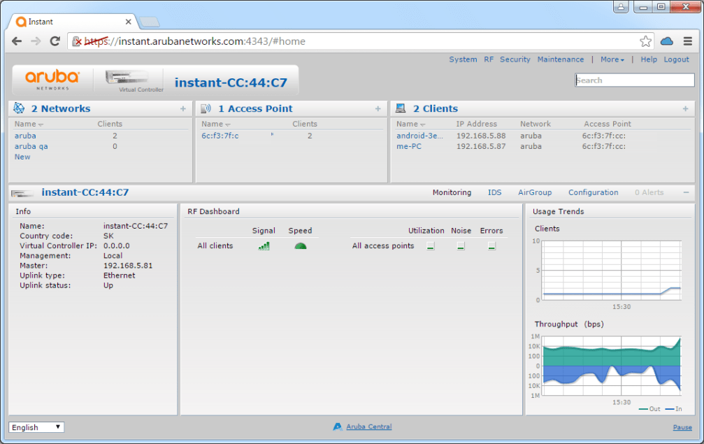 Aruba Instant AP web interface dashboard showing networks, access points, and clients