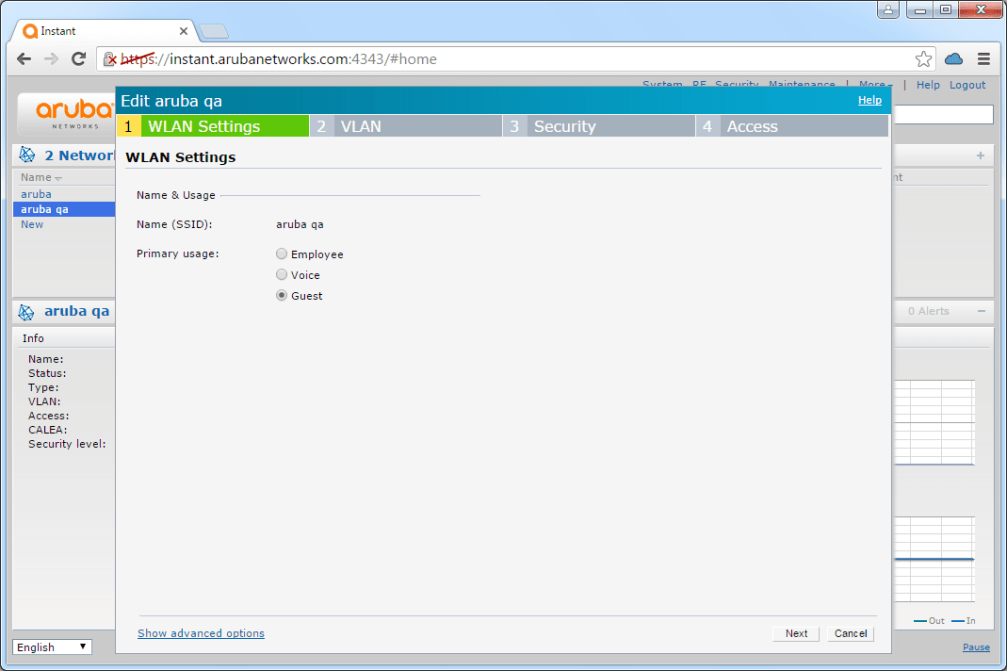 Aruba IAP WLAN Settings tab showing SSID name and Guest primary usage selected