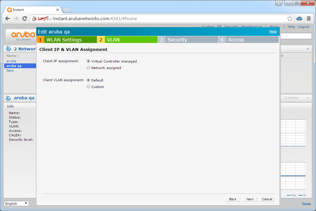 Aruba IAP VLAN tab showing Client IP and VLAN assignment settings