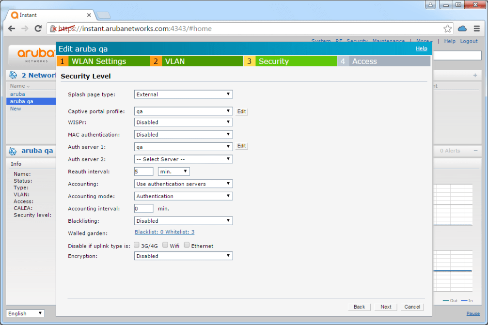 Aruba IAP Security tab showing splash page type set to External, captive portal profile, and authentication server settings