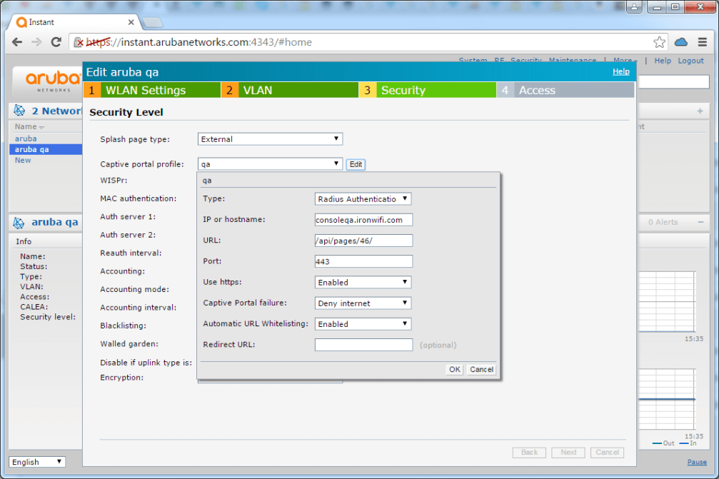 Aruba IAP Security tab with captive portal profile edit dialog showing external portal URL