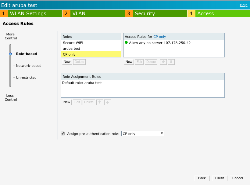 Aruba IAP Access Rules tab showing CP only role with Allow any on server 107.178.250.42 rule