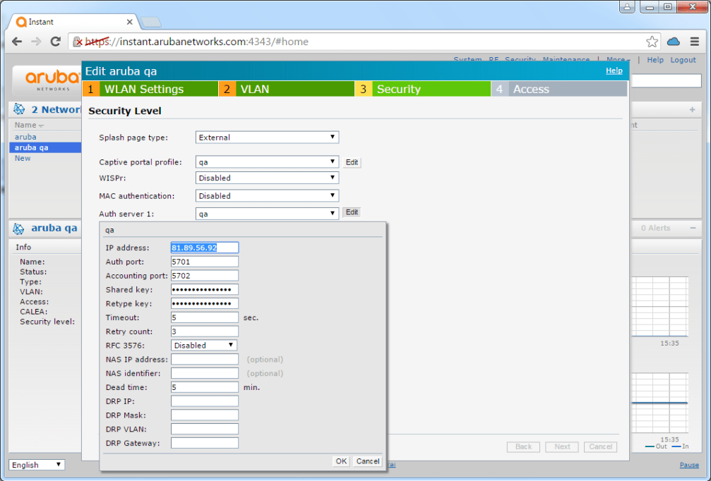 Aruba IAP RADIUS server configuration dialog with IP address, ports, and shared key