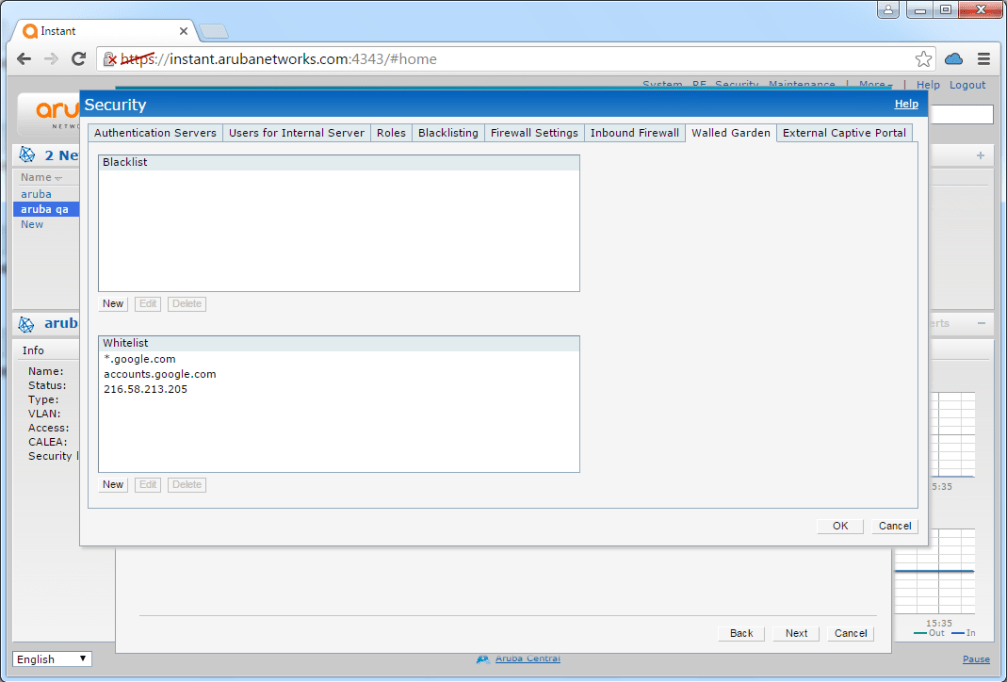 Aruba IAP Security settings showing Walled Garden with Blacklist and Whitelist entries