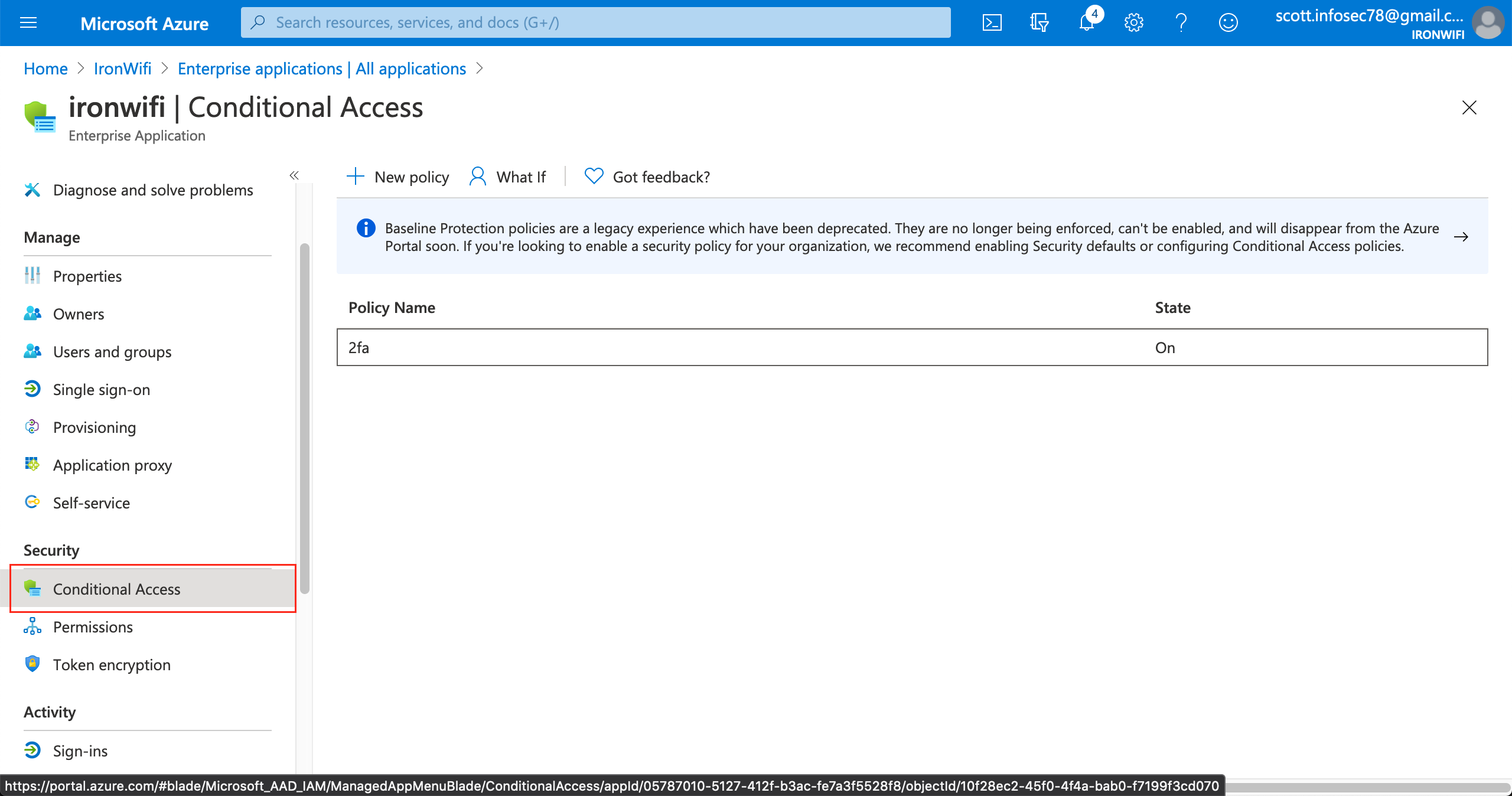 Azure Conditional Access page for the IronWiFi enterprise application