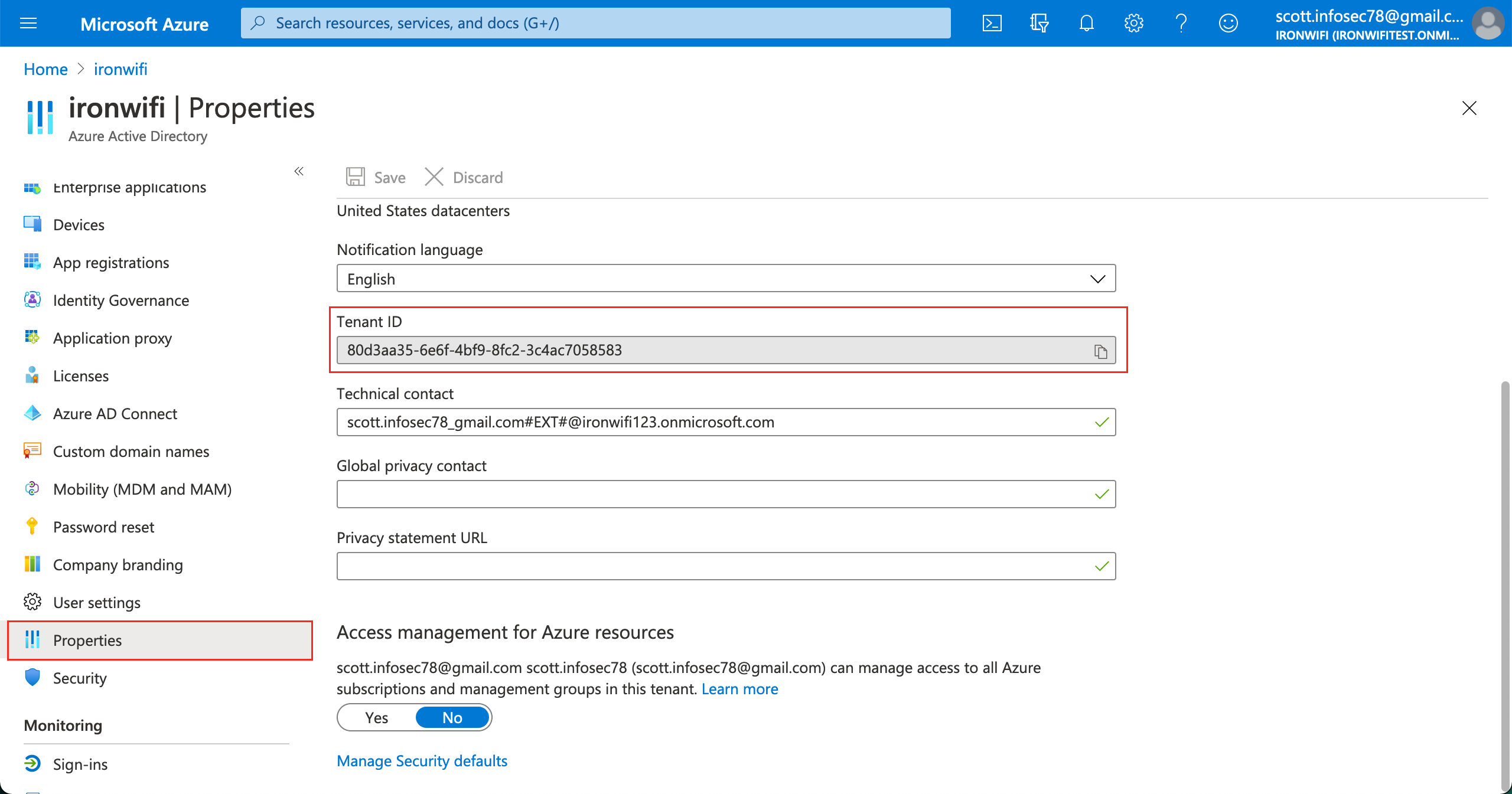 Azure AD Properties page showing Tenant ID