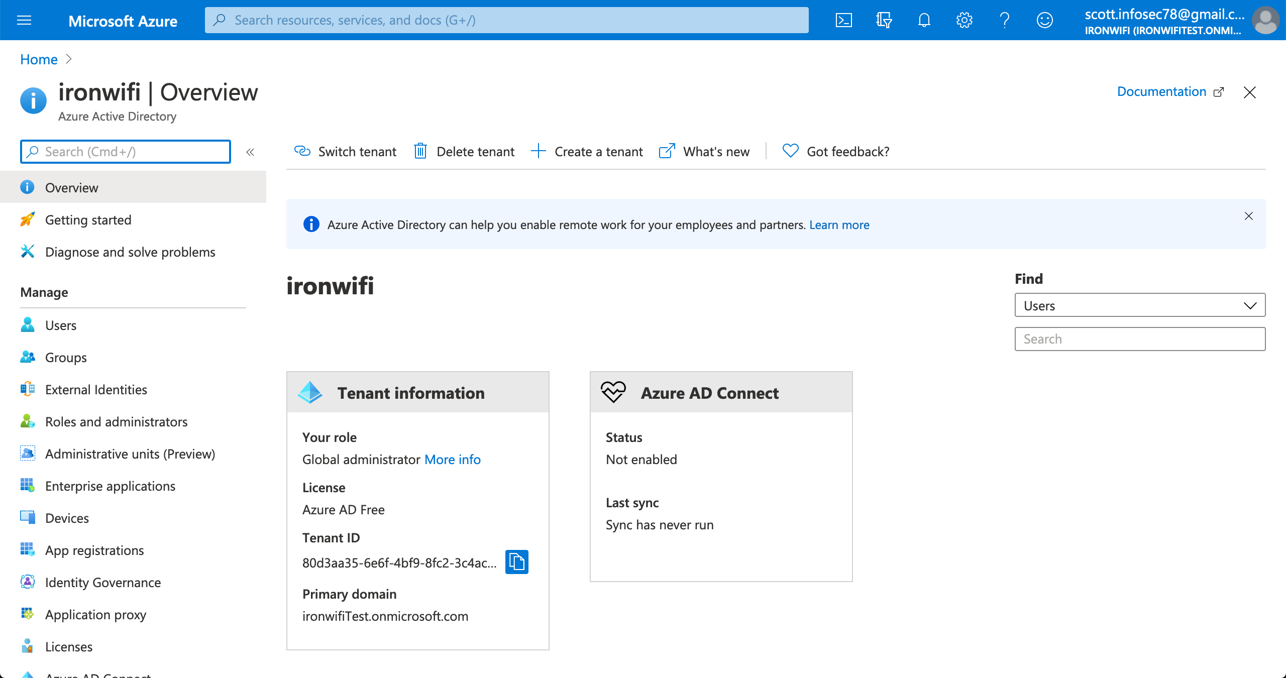 Azure Active Directory Overview page showing Tenant Information
