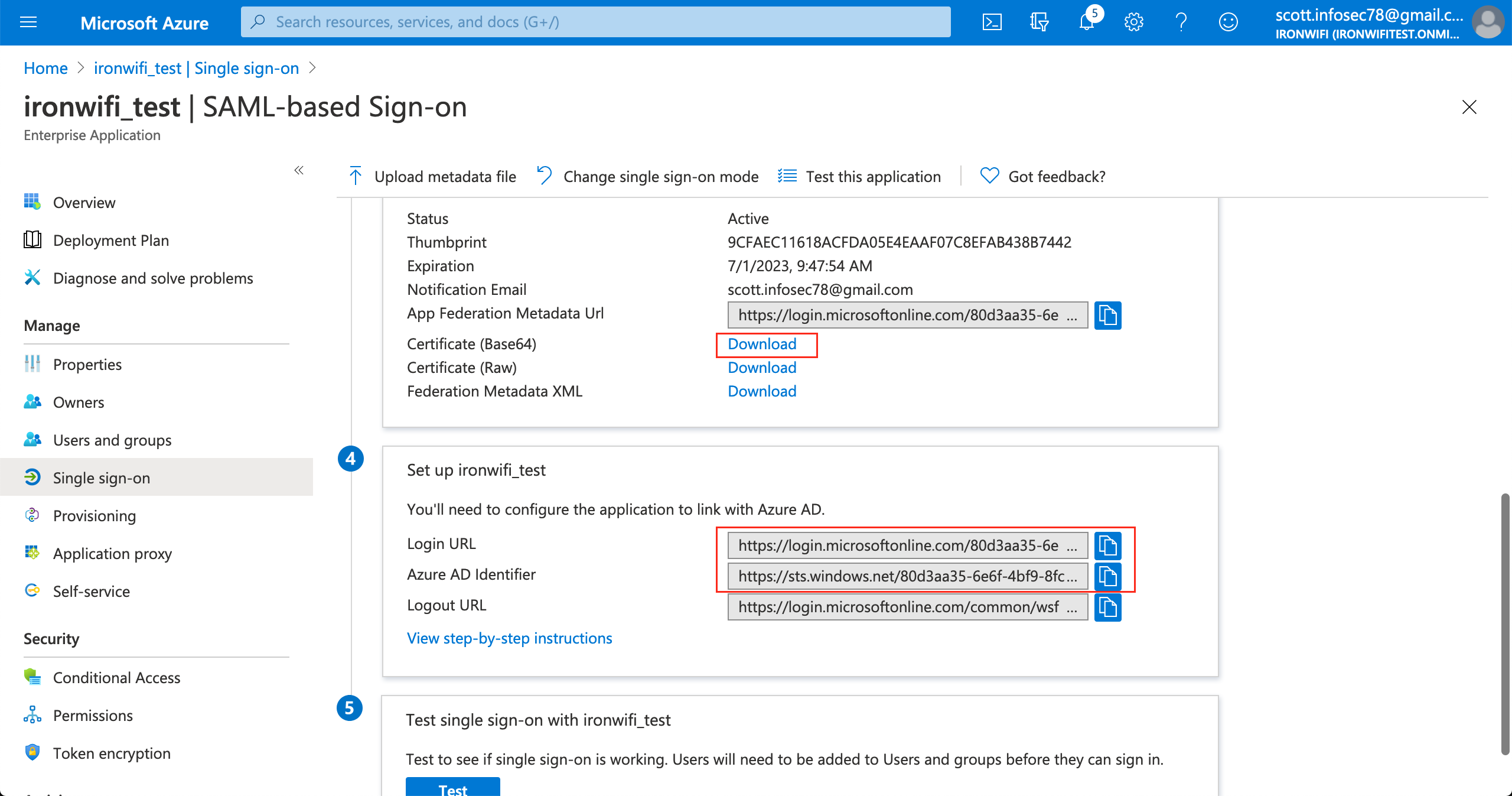 Azure SAML-based Sign-on page showing Login URL, Azure AD Identifier, and Certificate download