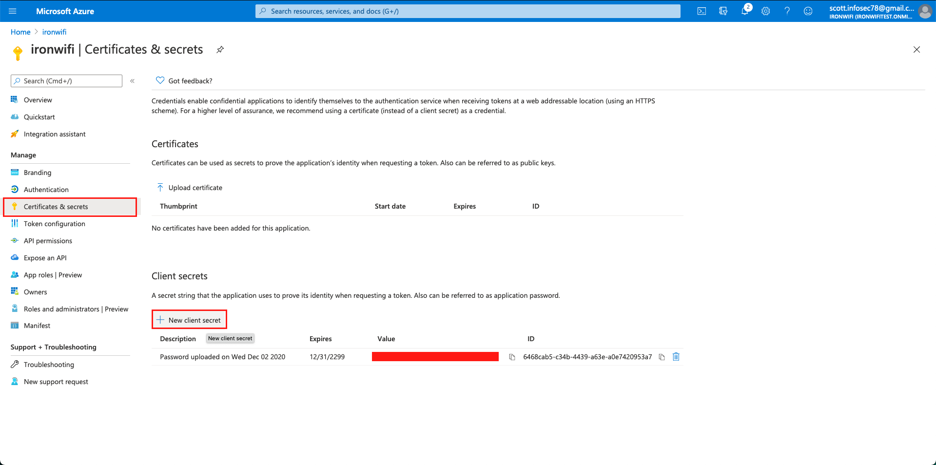 Azure Certificates and secrets page with client secret created