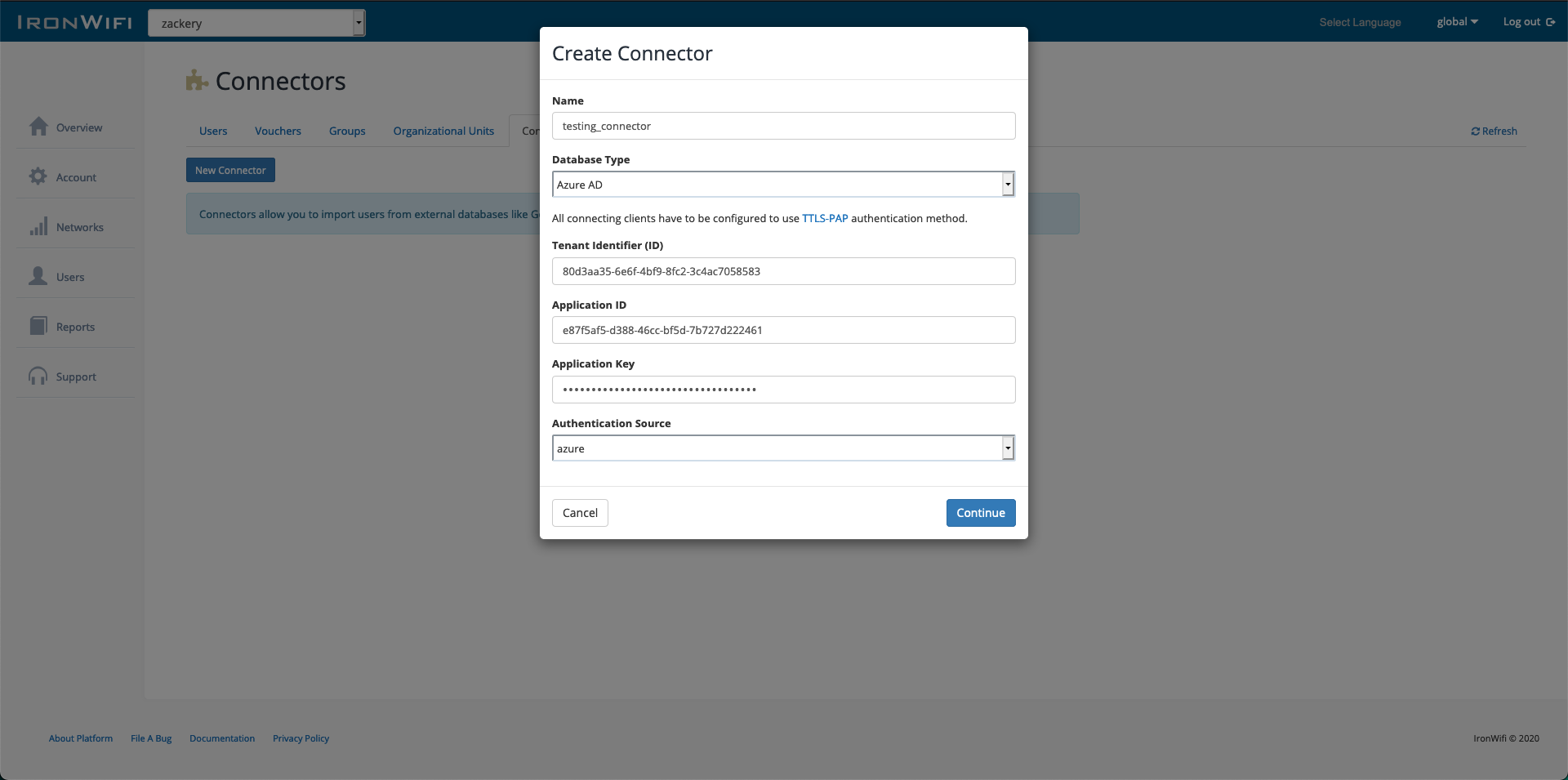 IronWiFi Create Connector dialog for Azure AD with Tenant ID, Application ID, and Client Secret fields