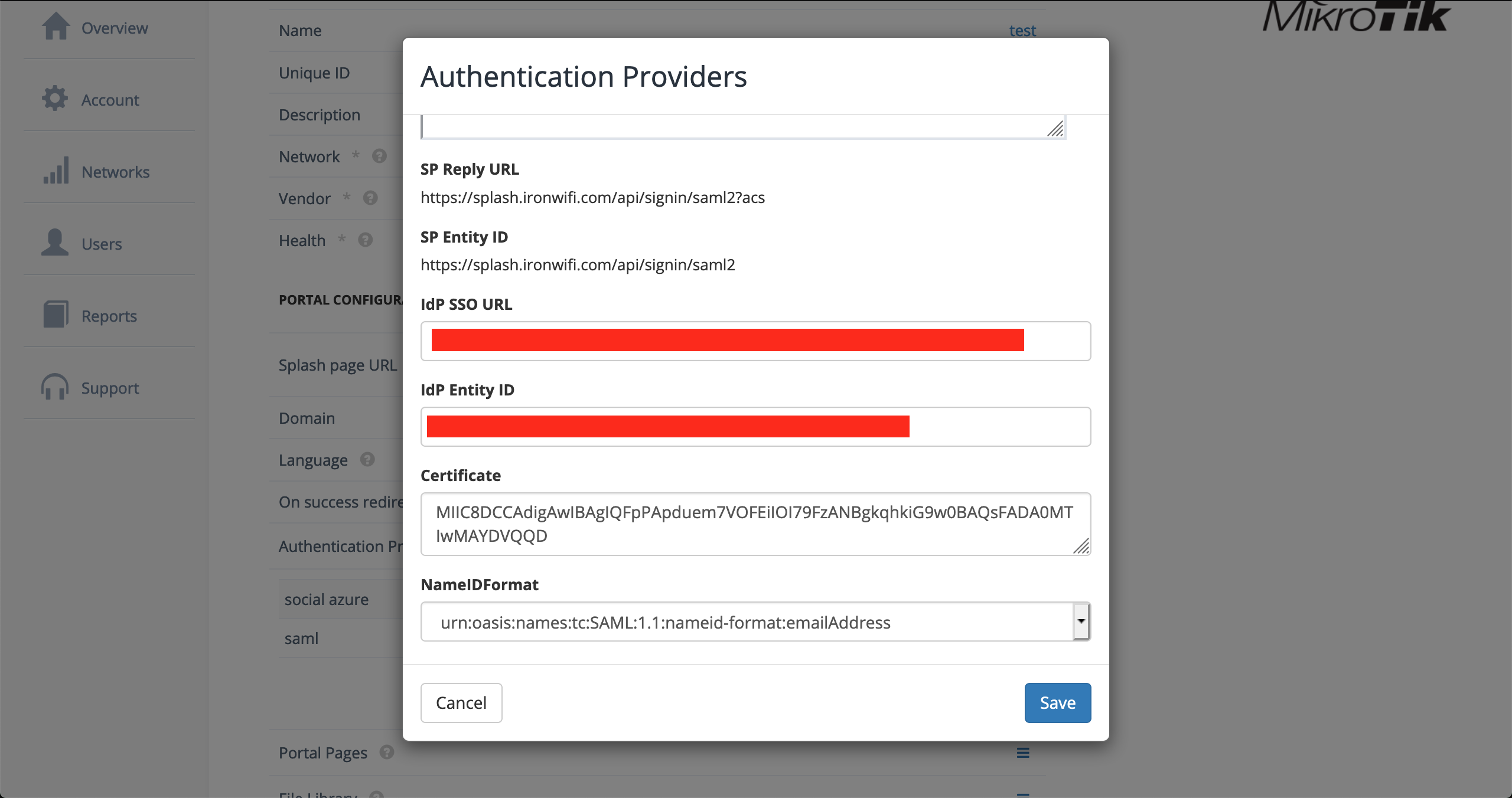 IronWiFi SAML Authentication Provider configuration dialog with SSO URL, Entity ID, Certificate, and NameIDFormat fields