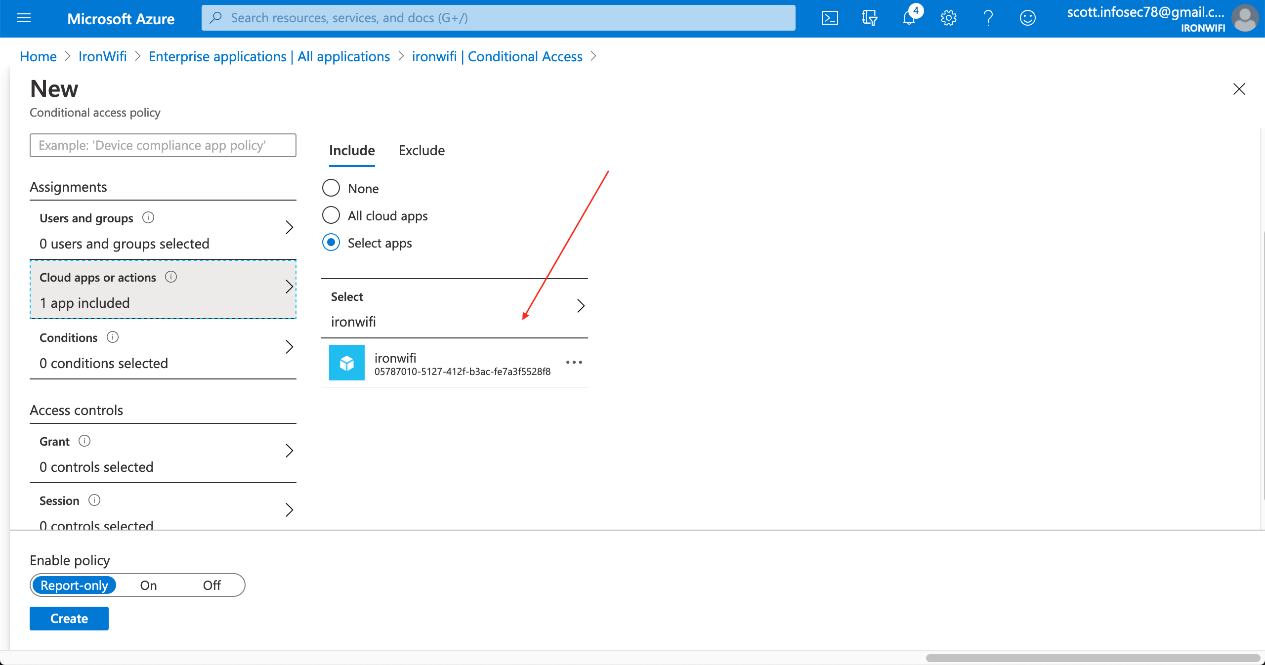 New Conditional Access policy - Cloud apps with IronWiFi selected