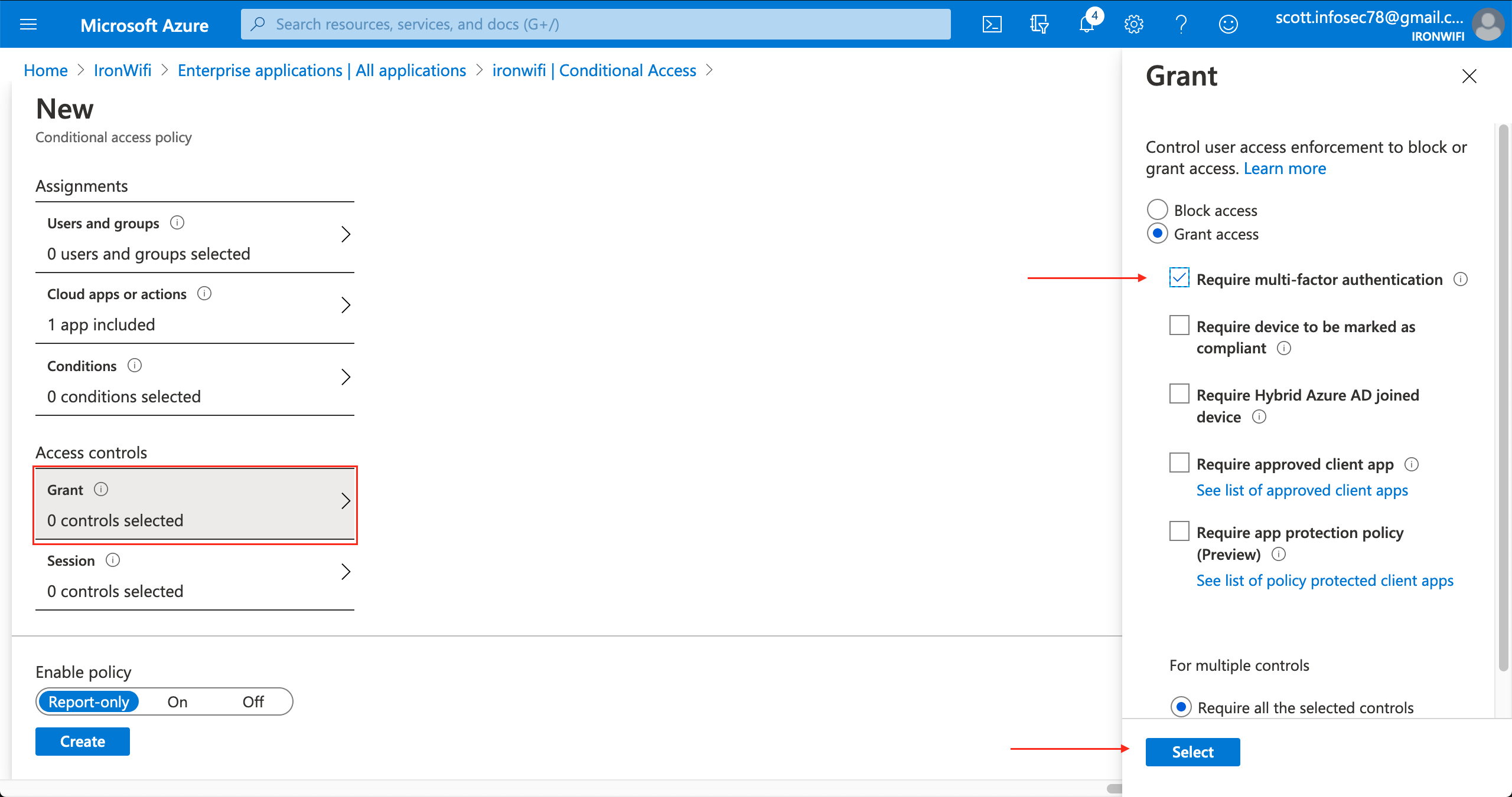 New Conditional Access policy - Grant controls with Require multi-factor authentication checked