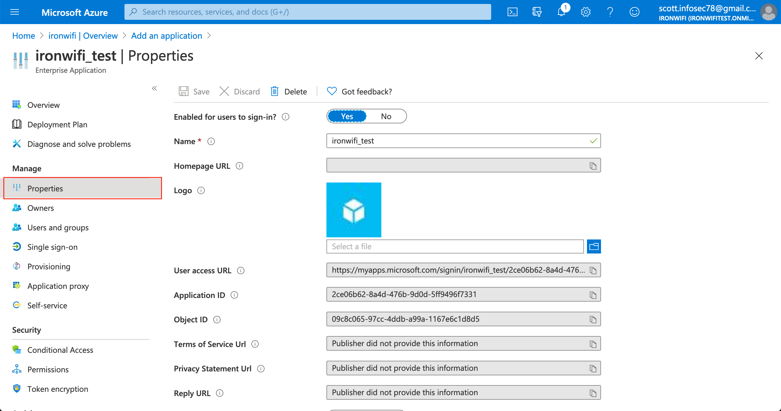 Azure Enterprise Application Properties page