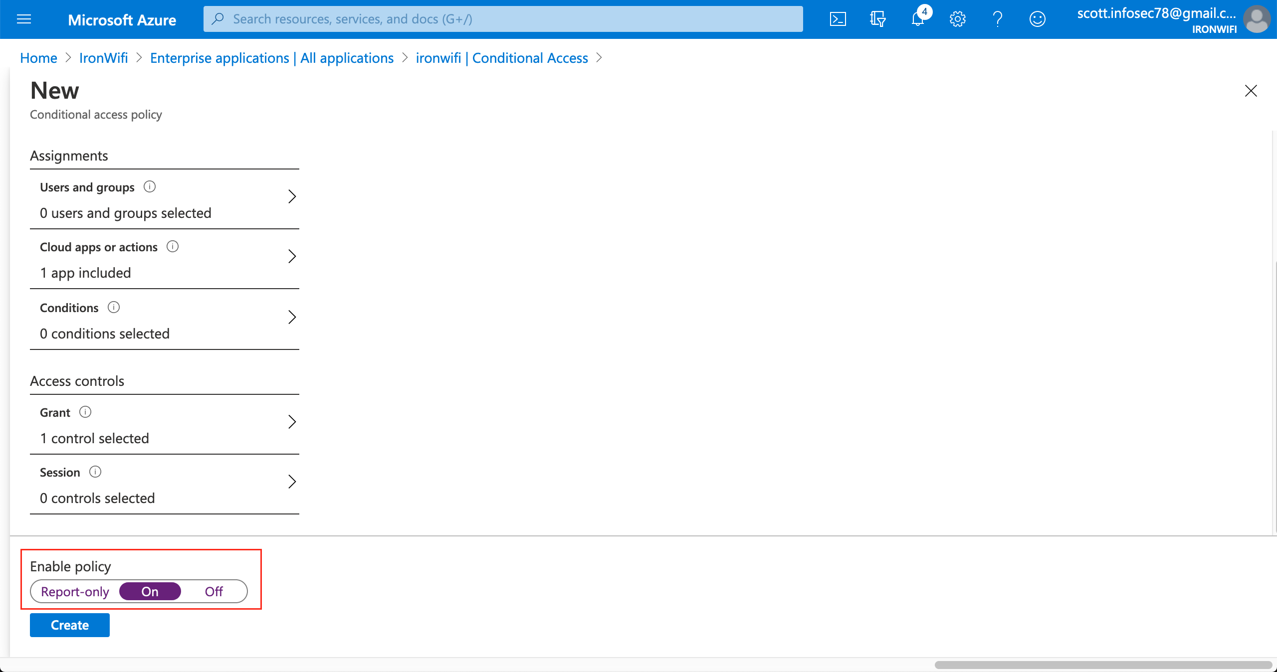 New Conditional Access policy - Enable policy set to On with Create button