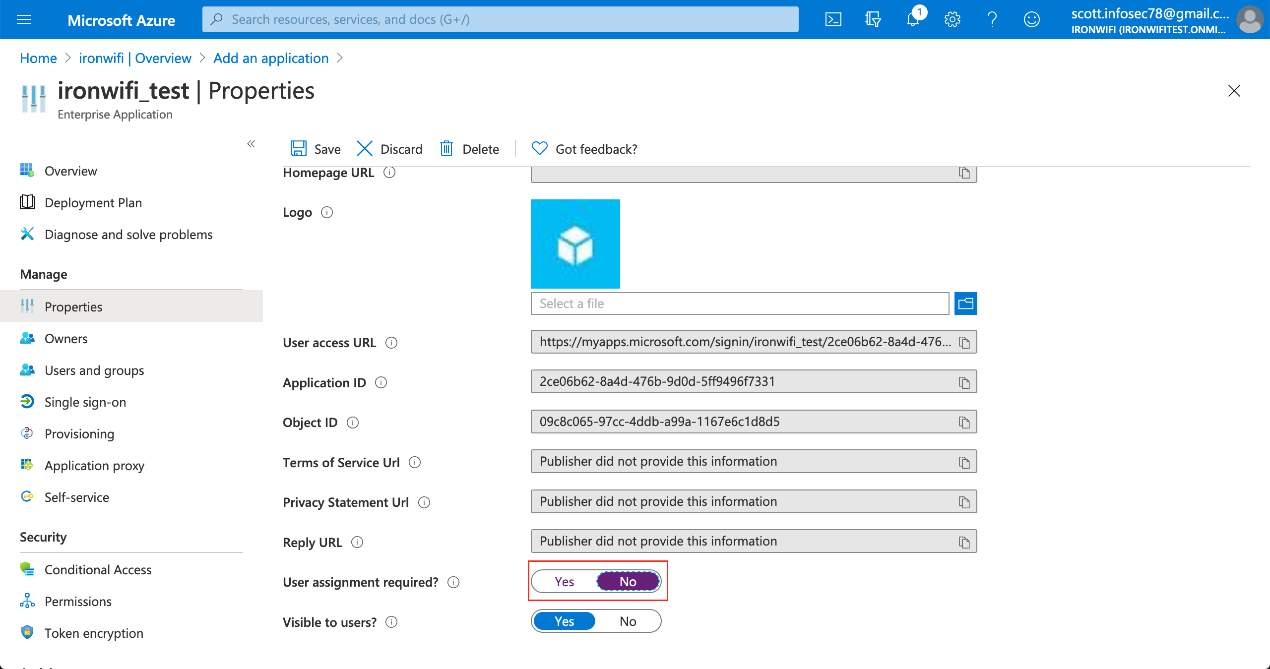 Azure Enterprise Application Properties with User assignment required set to No