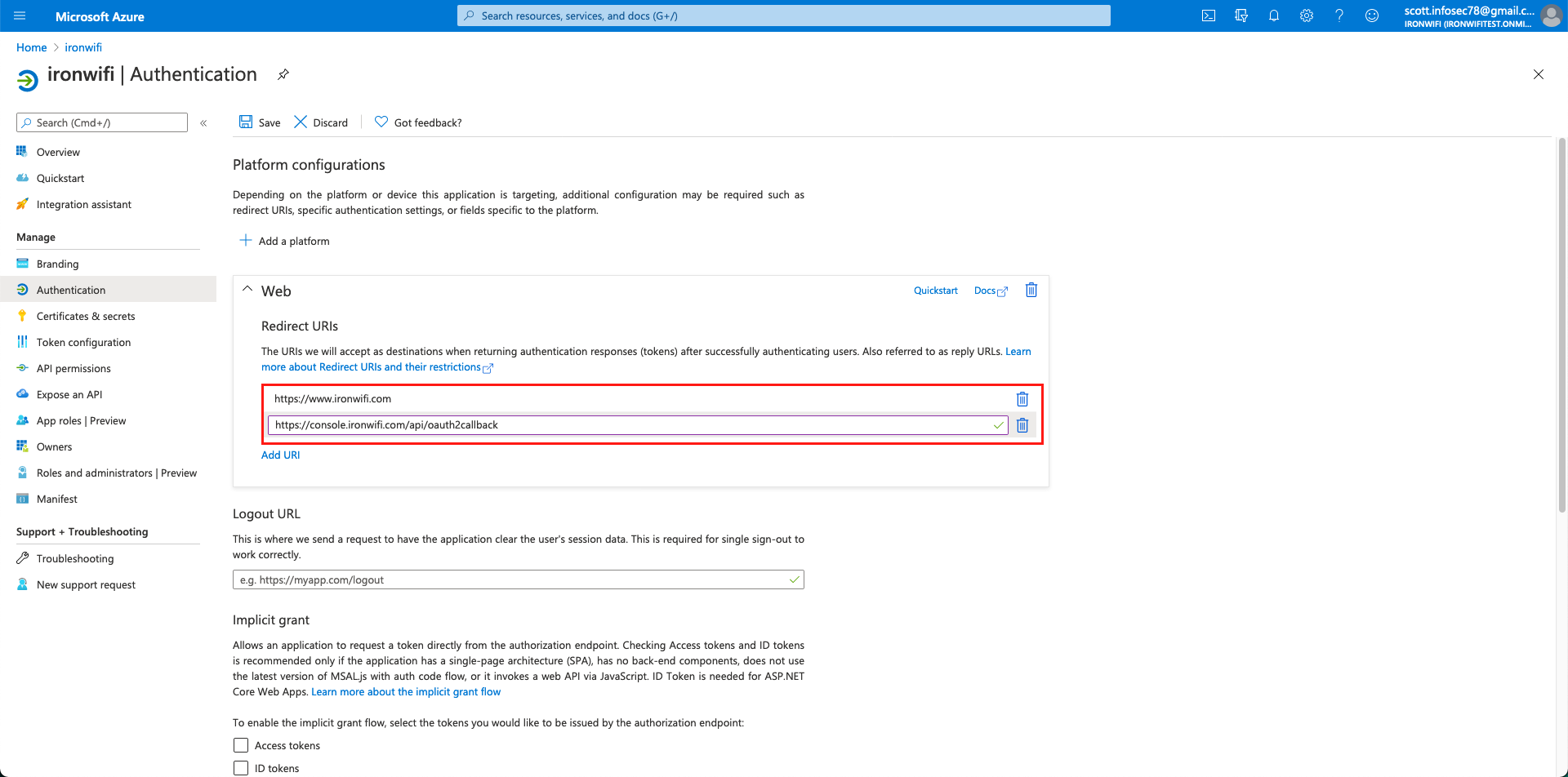 Azure App registration Authentication page with redirect URIs configured