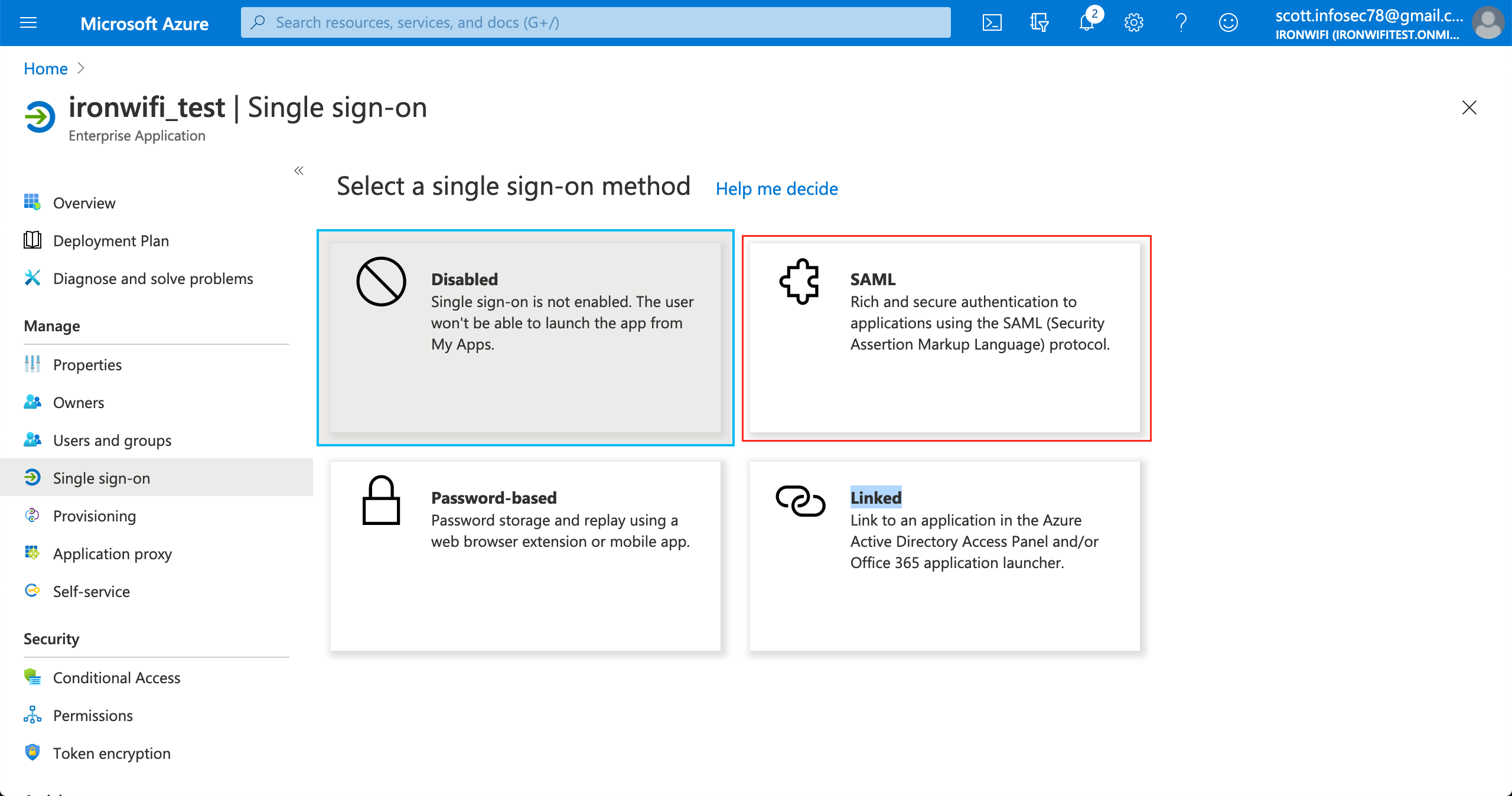 Azure Single sign-on method selection showing SAML option highlighted