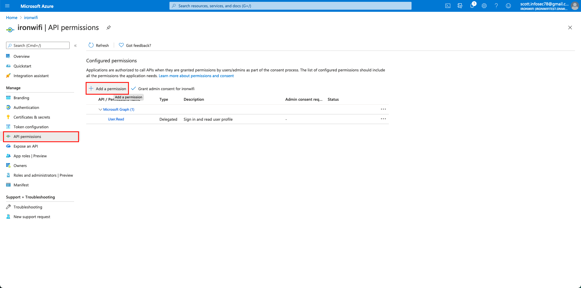 Azure API permissions page showing configured permissions
