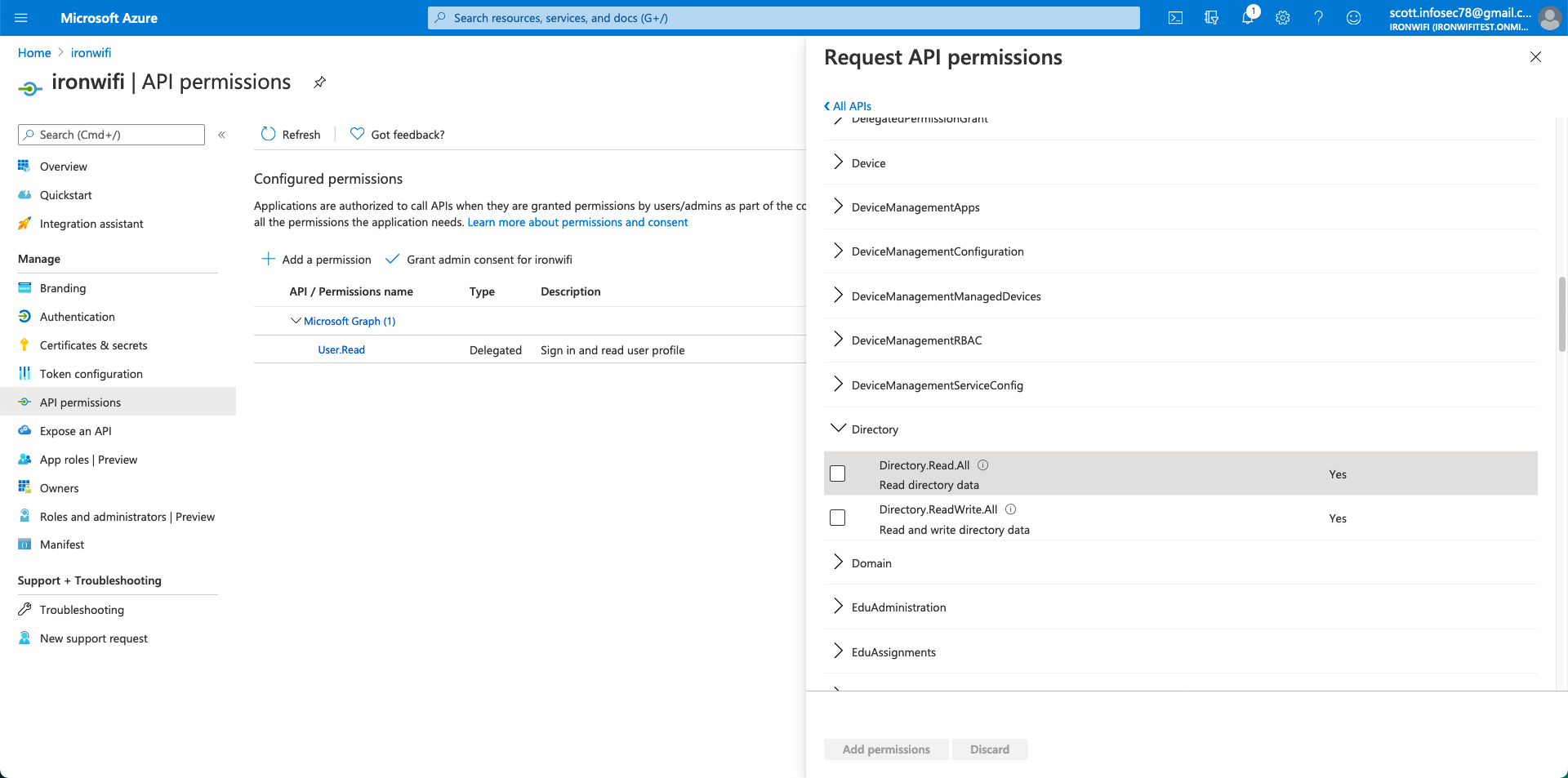 Request API permissions - selecting Directory.Read.All under Application permissions
