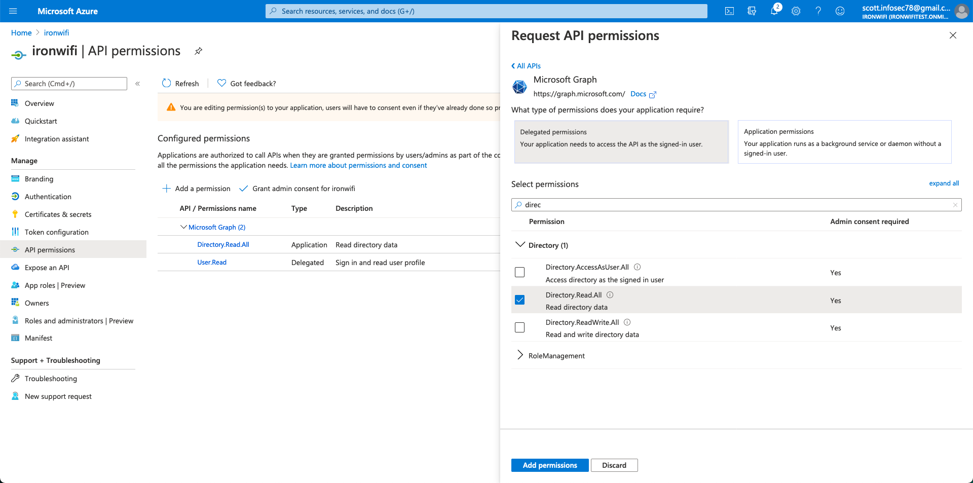Request API permissions with Directory.Read.All selected