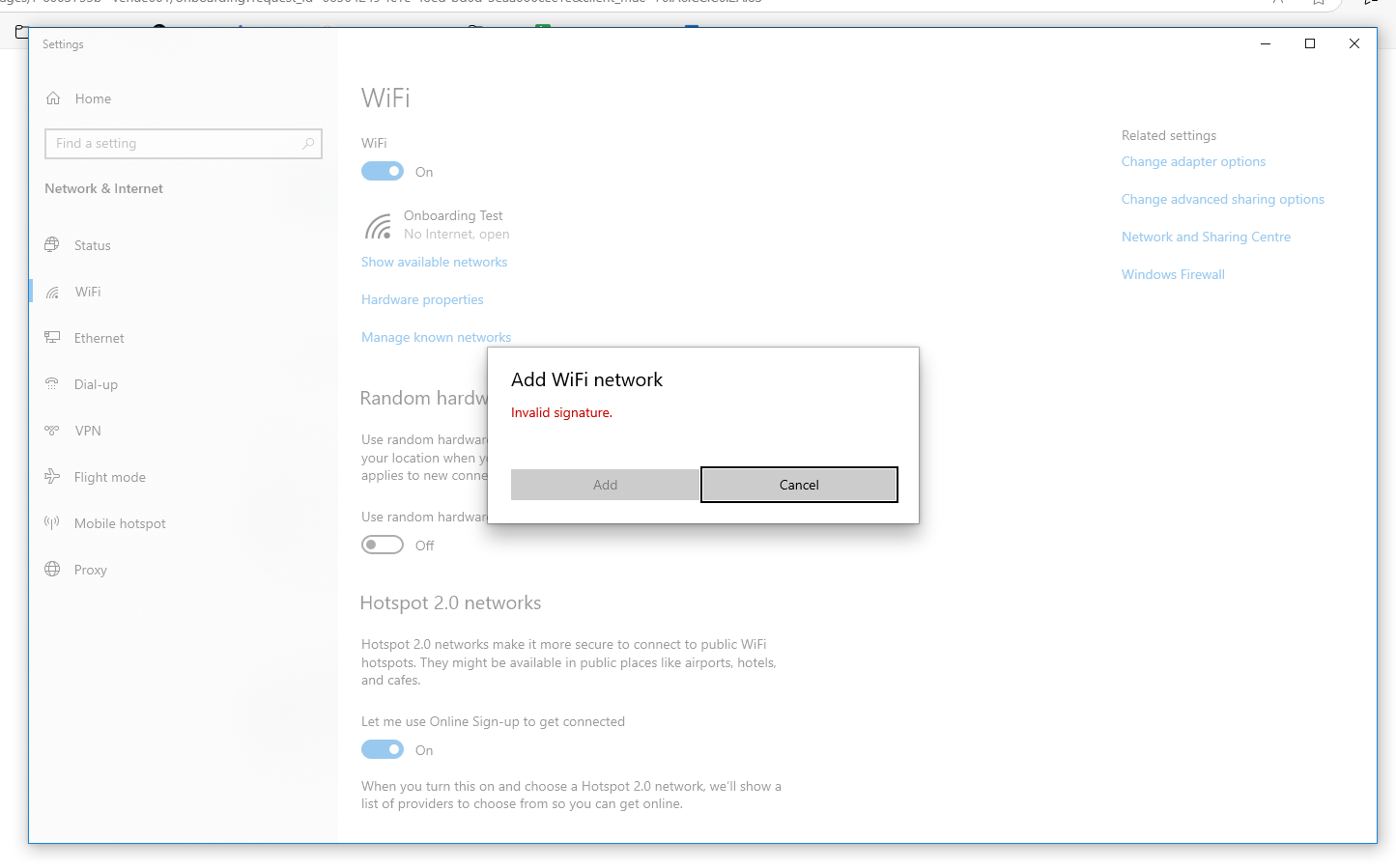 Windows invalid signature error dialog when downloading Passpoint profile