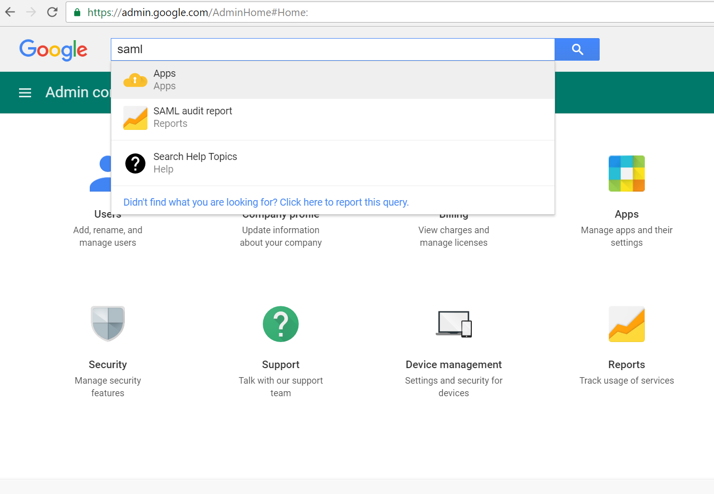 Google Admin Console with SAML search