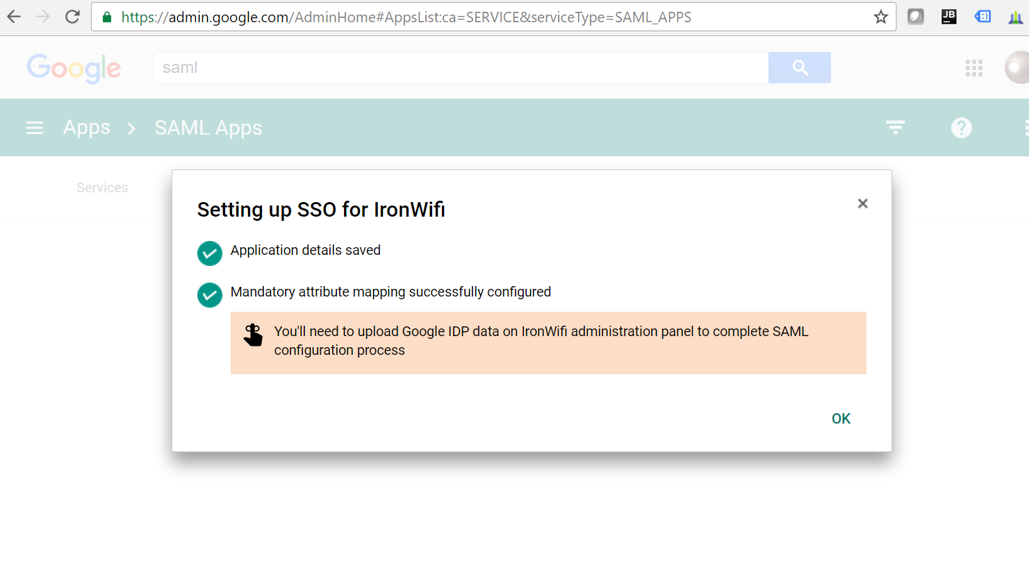 Google SAML Apps - SSO setup confirmation for IronWiFi