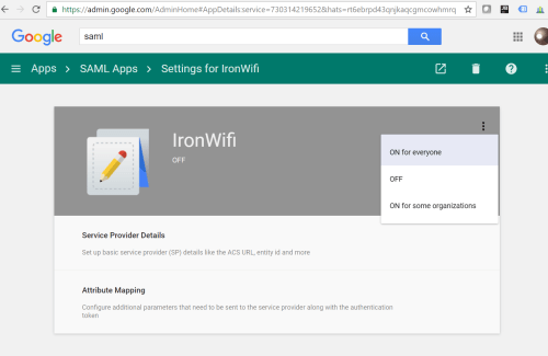 Google SAML Apps - Settings for IronWiFi with ON/OFF toggle