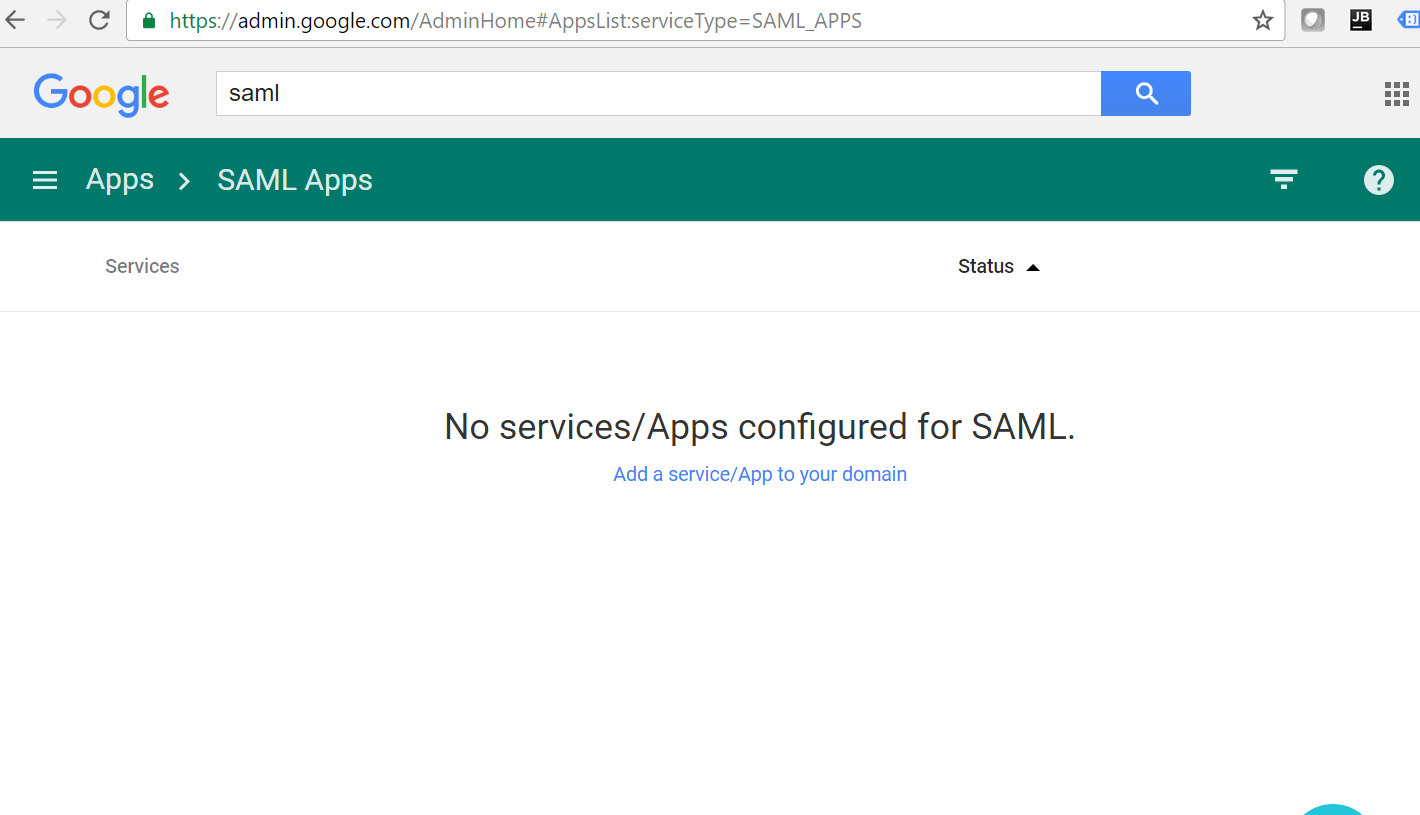 Google Admin SAML Apps page showing no configured apps
