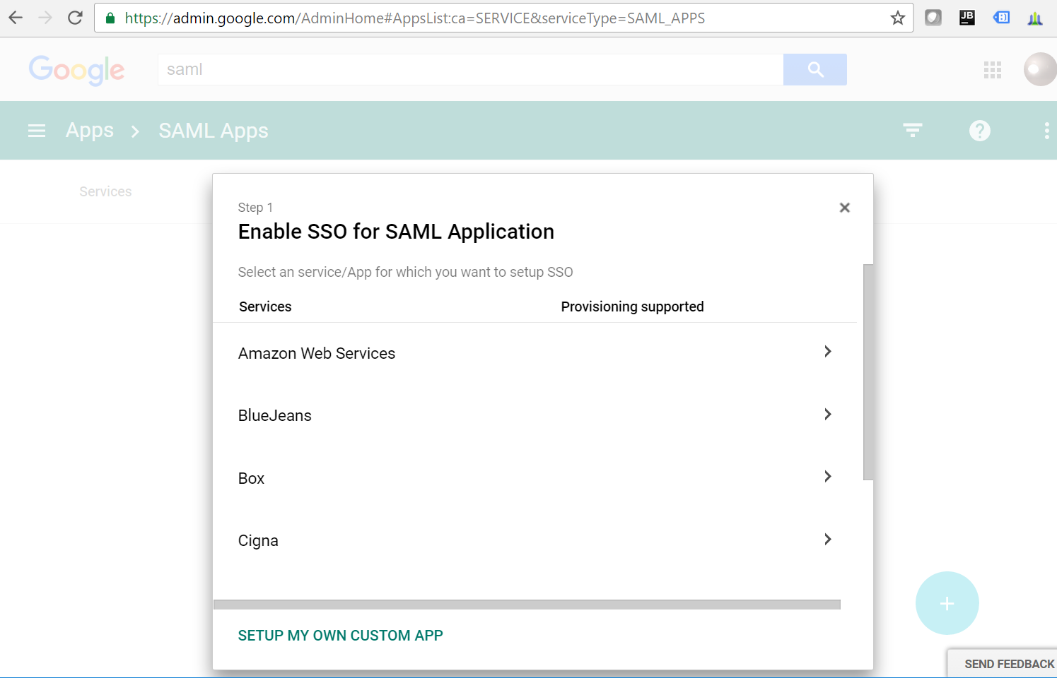 Enable SSO for SAML Application dialog with service list