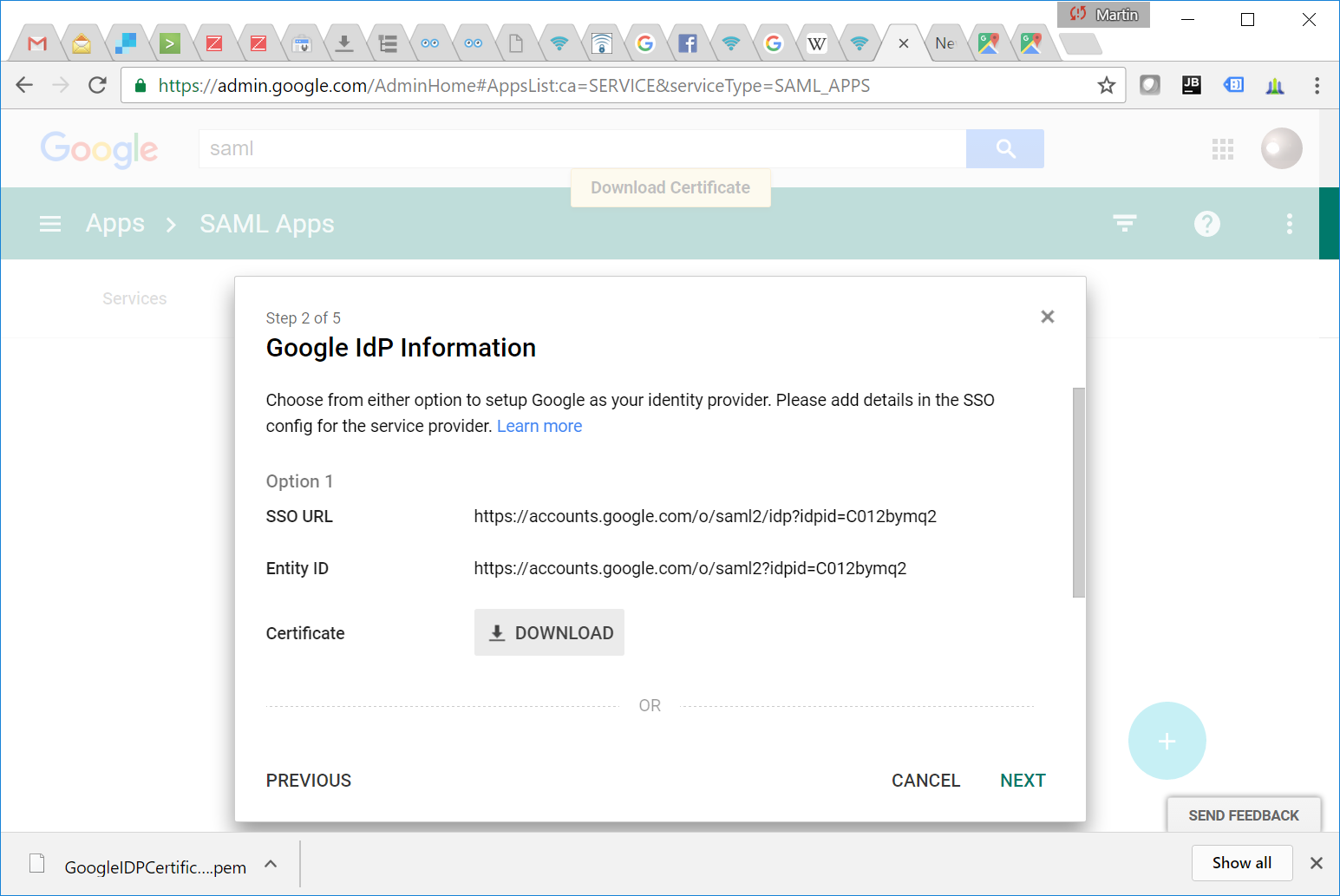 Google IdP Information showing SSO URL, Entity ID, and Certificate download