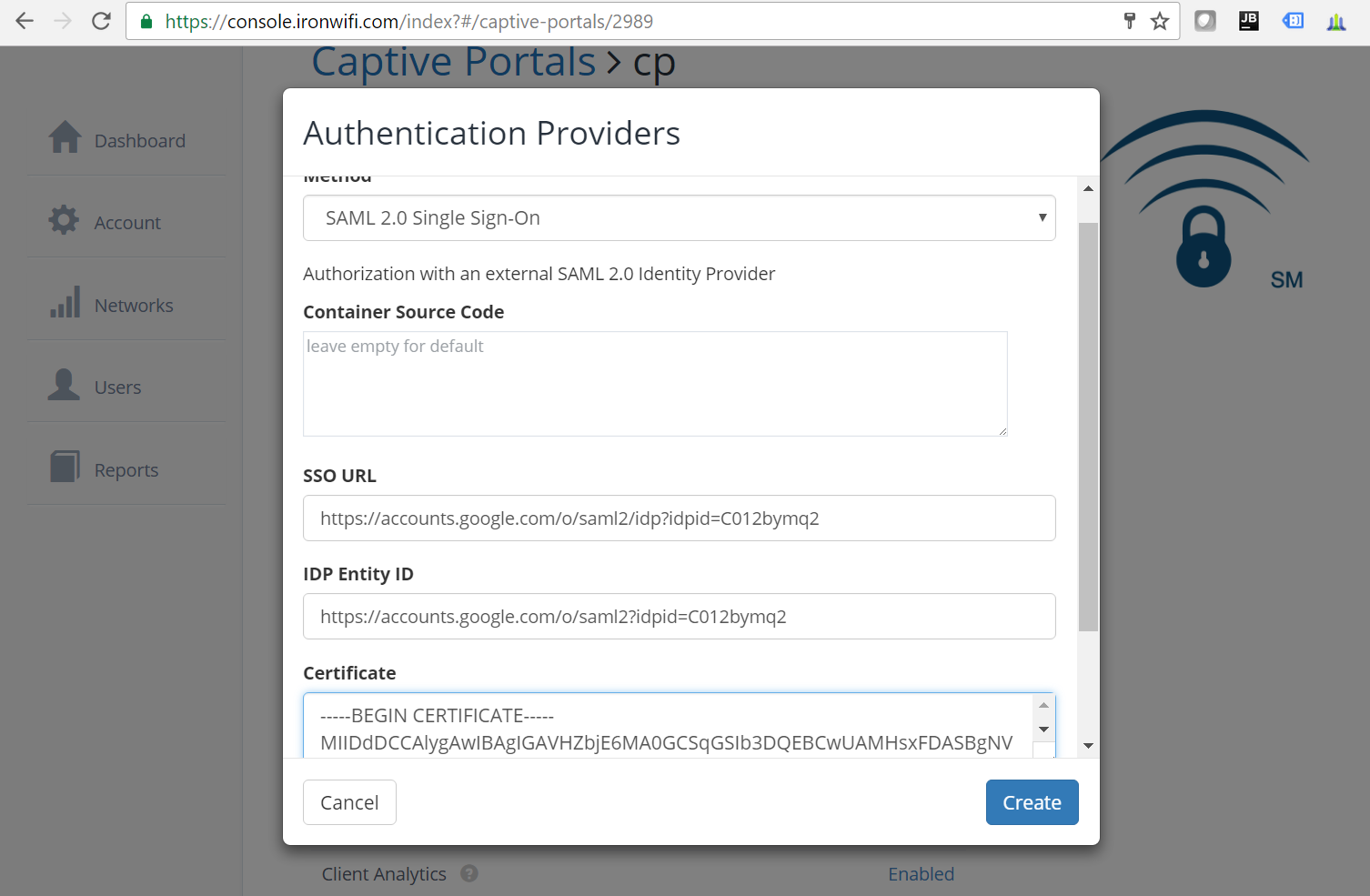 IronWiFi Authentication Providers dialog with SAML 2.0 configuration