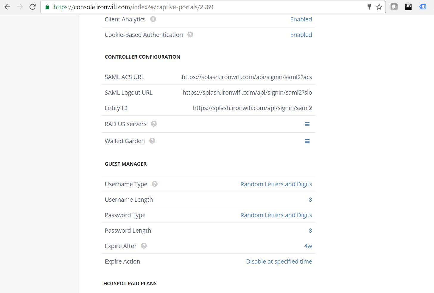 IronWiFi captive portal settings showing Controller Configuration with SAML URLs