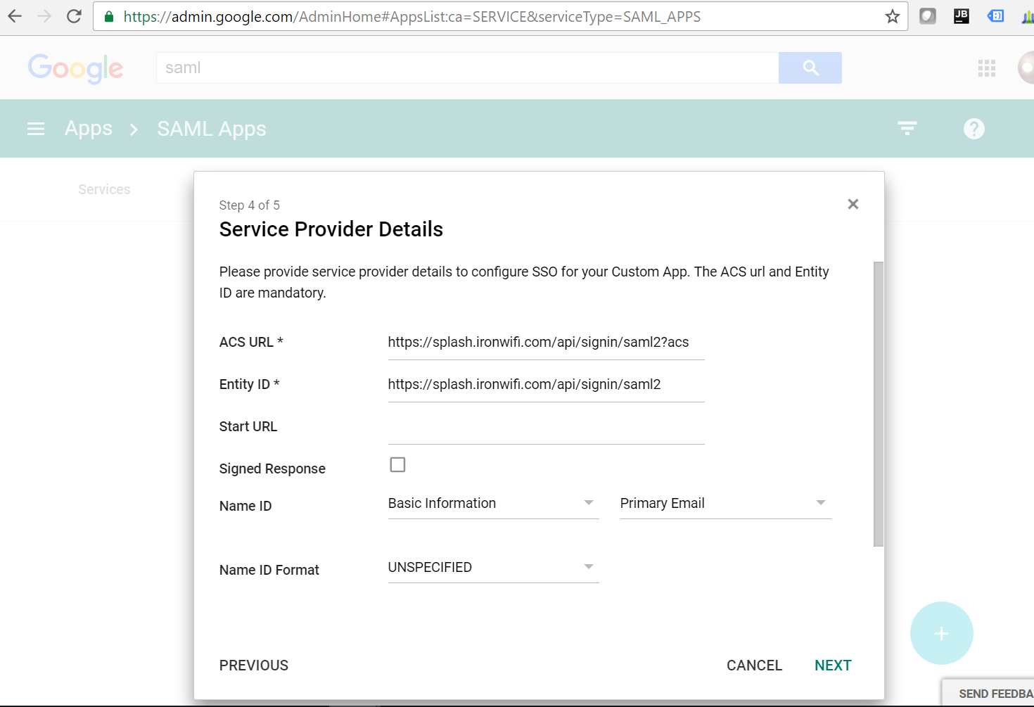 Google SAML Apps - Service Provider Details with ACS URL and Entity ID