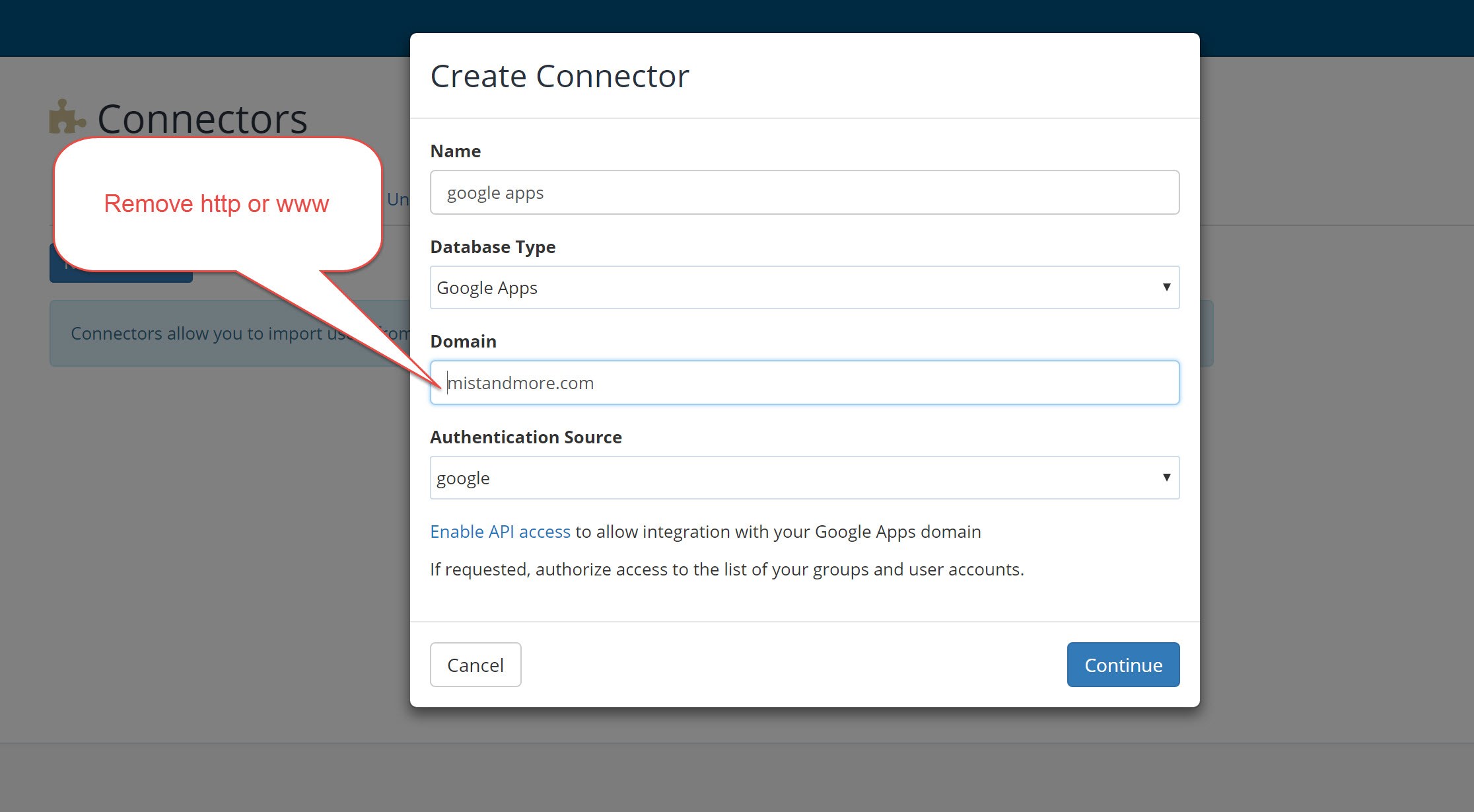 Create Connector dialog - Google Apps type with domain configuration