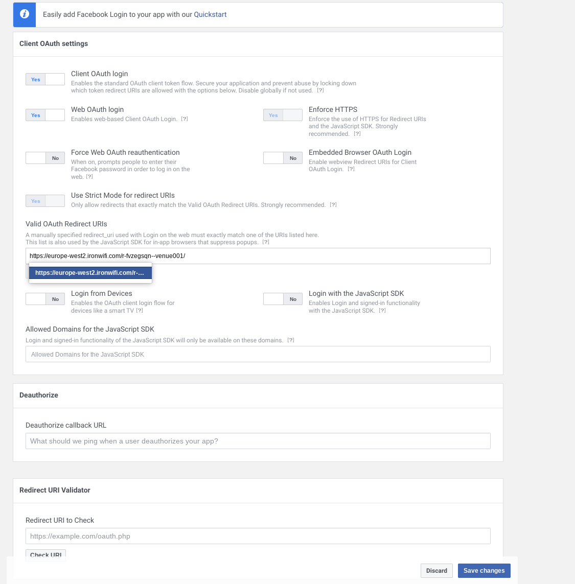 Facebook Login settings with Valid OAuth Redirect URIs field
