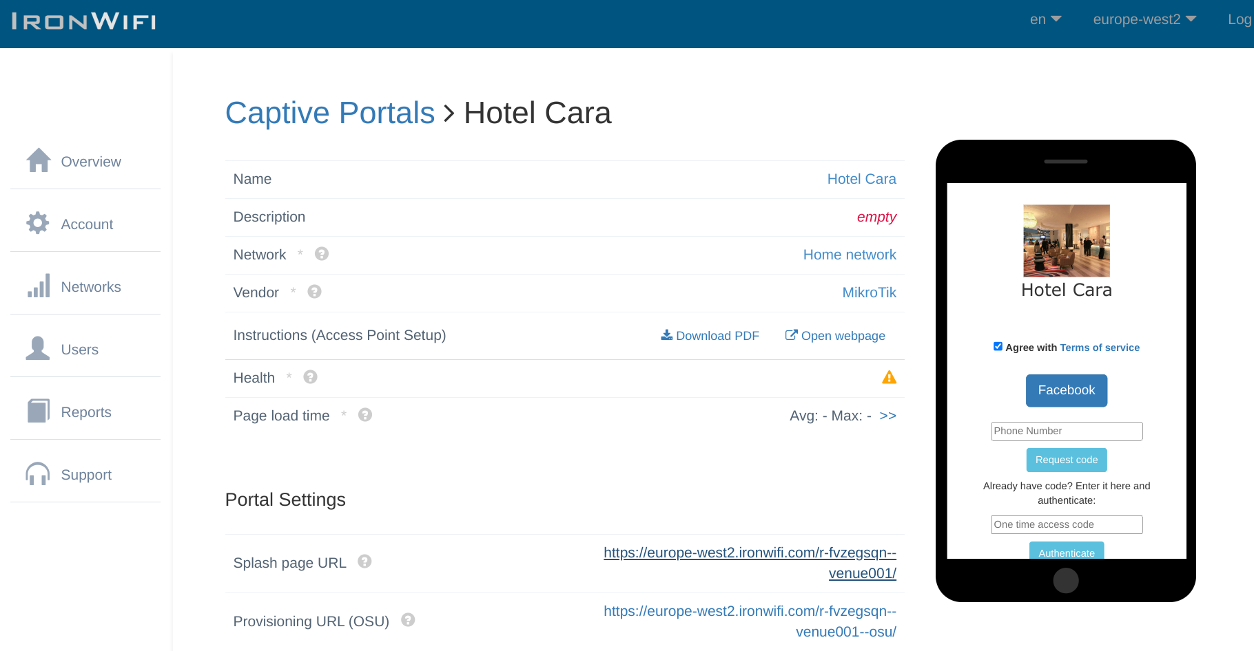 Facebook authentication provider settings in IronWifi console