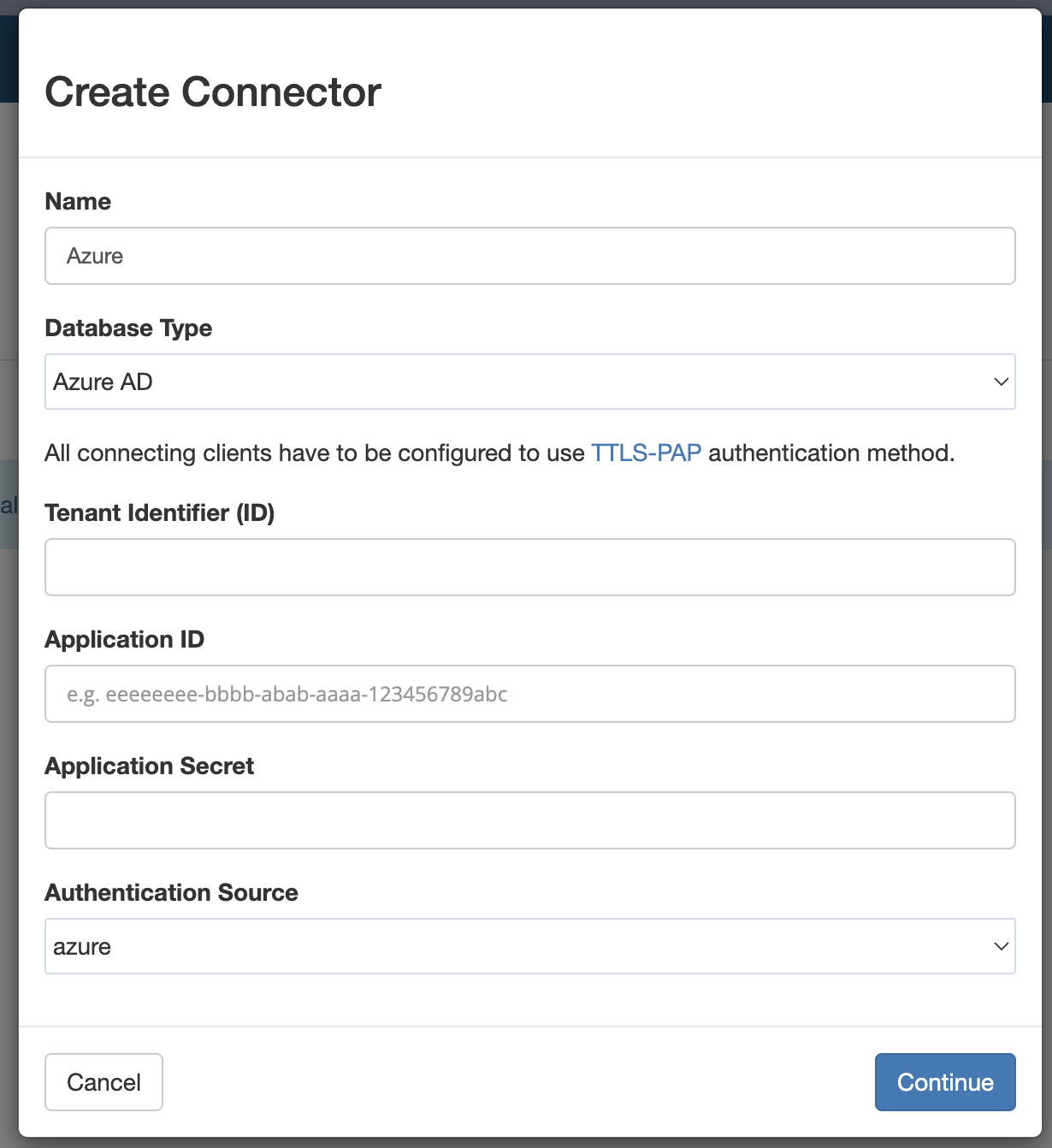 New Azure AD connector creation form in IronWifi console