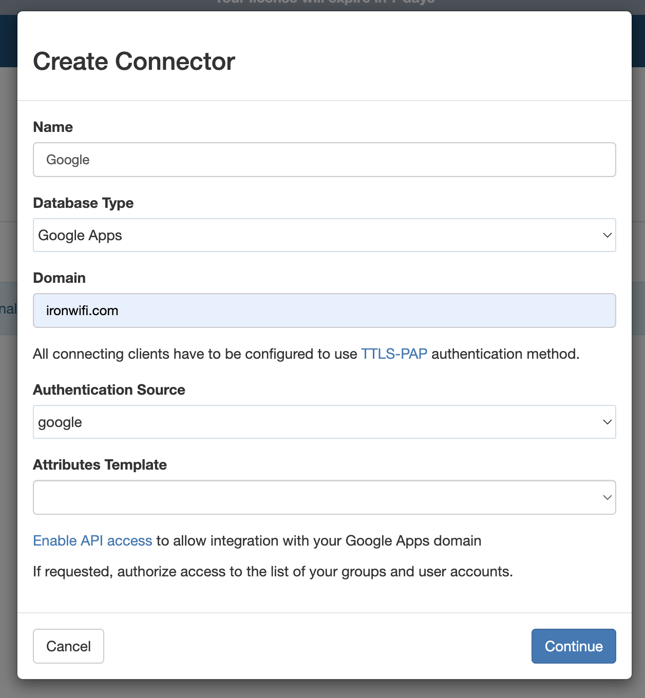 New Google Apps connector creation form in IronWifi console