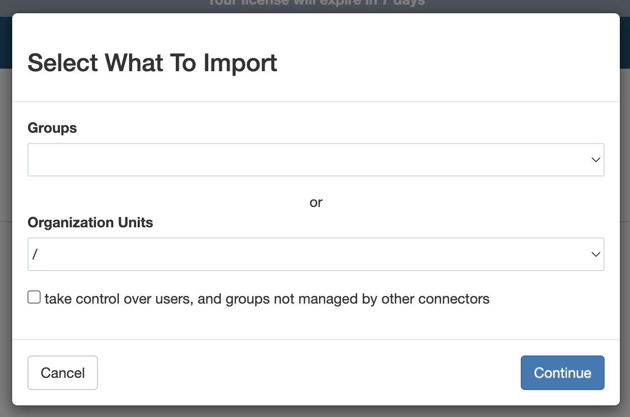Google connector group and organization unit selection screen