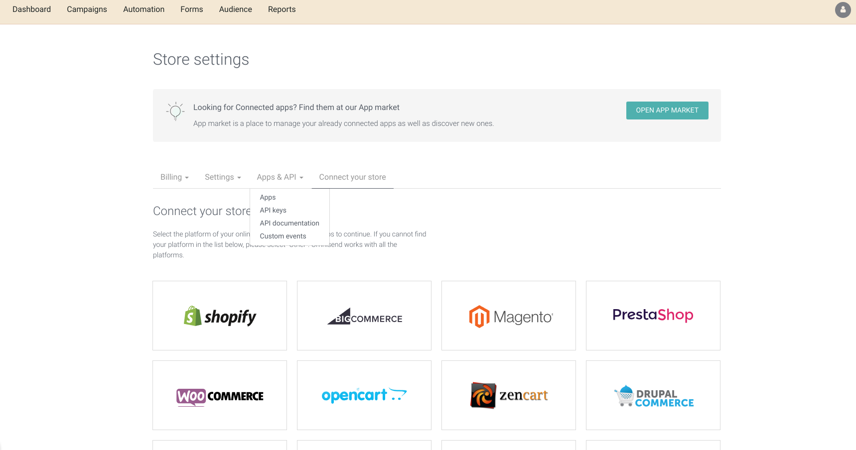 Omnisend Store Settings showing Apps and API Keys menu